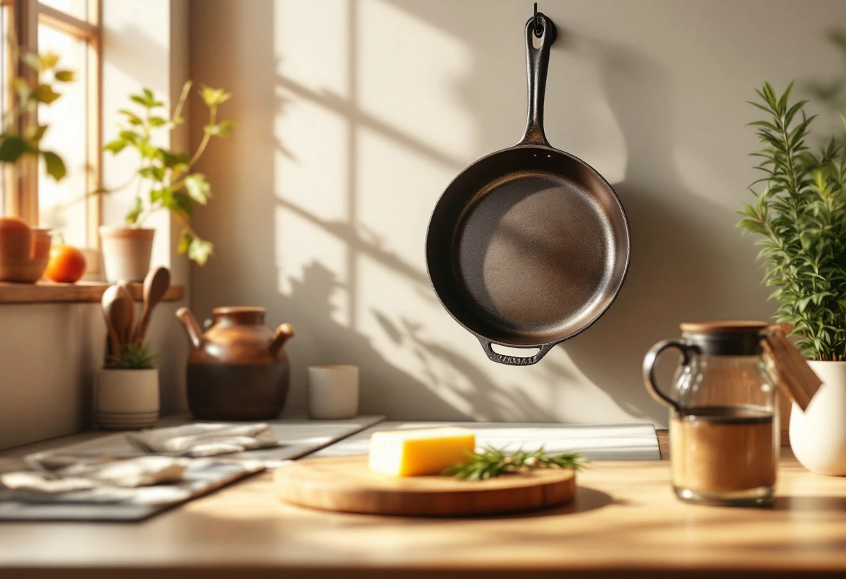 A heritage cast iron skillet on a wooden trivet in a Japandi-style kitchen, soft afternoon light.